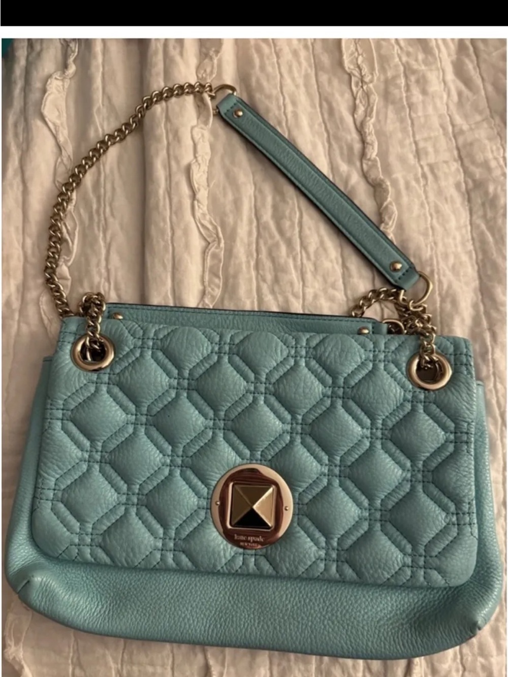 kate spade Quilted Light Blue Leather Shoulder Bag with Gold Chain